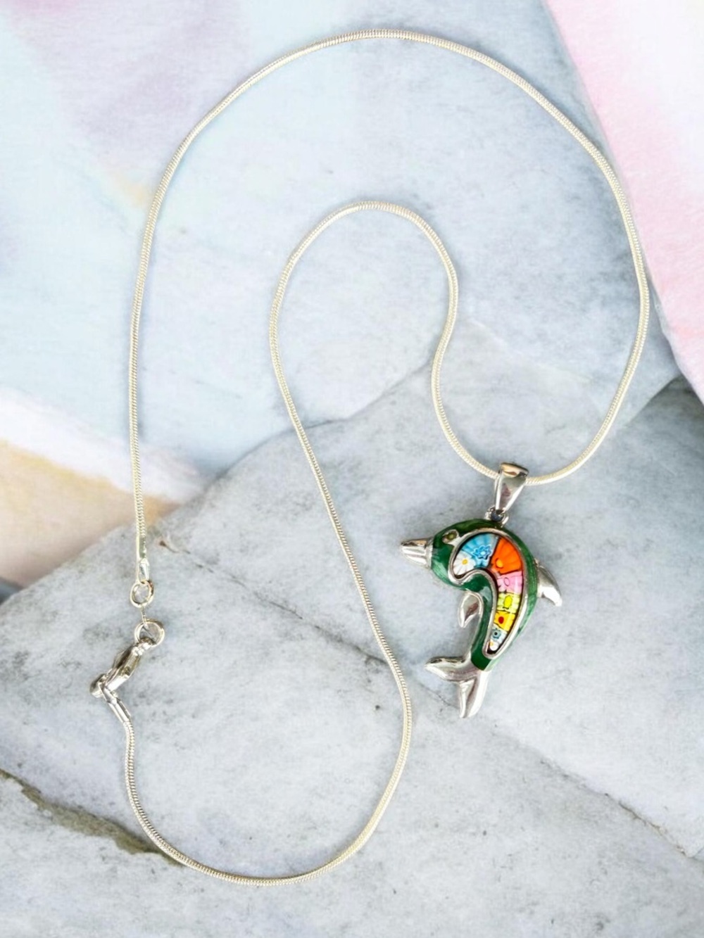 Vintage Alan K Millefiori Murano Glass Dolphin Sterling Pendant 925 Chain